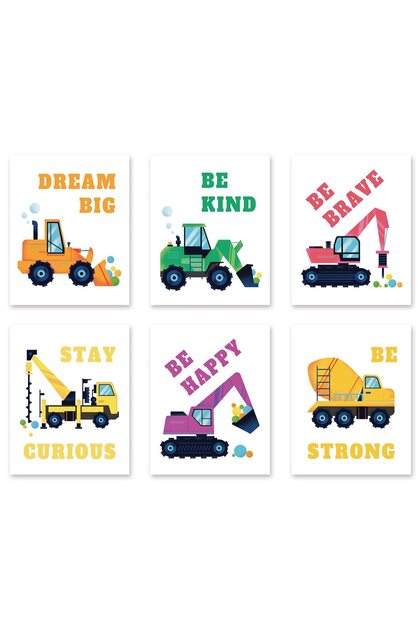 ALAYRA Construction Truck Boys Room Decor, Toddler & Teen Boys Wall Art Posters, Kids Room Wall Art Prints - Motivational Wall Decor for Bedroom (Set of 6, , Unframed)25X20 CM