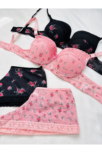 Women's Padded and Supported Floral Pattern Petrol Green & Black 2-Piece Boxer Type Underwear Set