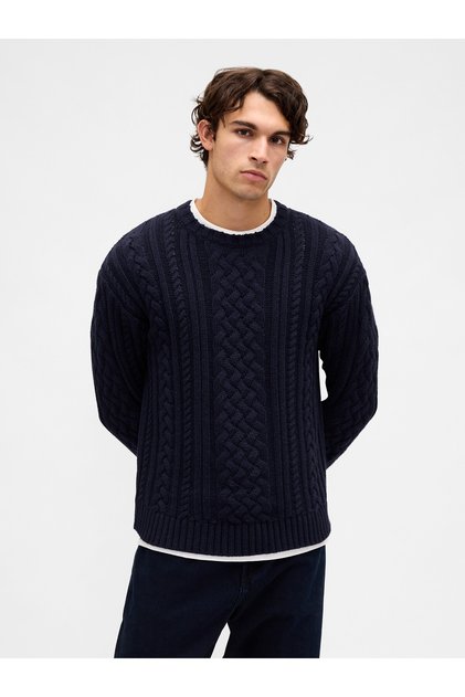 Erkek Lacivert Relaxed Cable-Knit Kazak