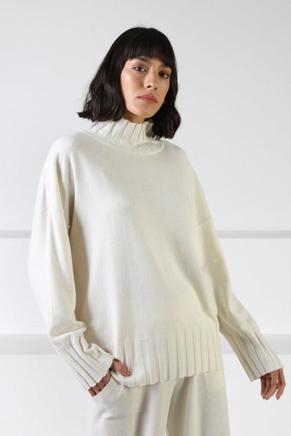 Ecru Long Sleeve Half Turtleneck Comfortable Fit Cashmere Women's Knitwear Sweater