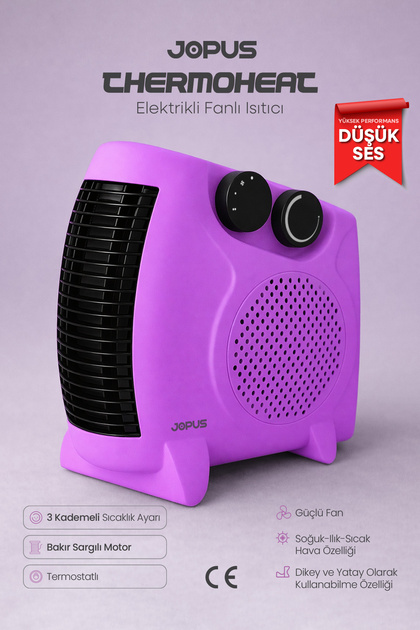 2000W Elektrikli Fanlı Isıtıcı, Termostatlı, Sıcak-Soğuk Hızlı Isıtma, 25 m² Alan Kapasitesi - Lila