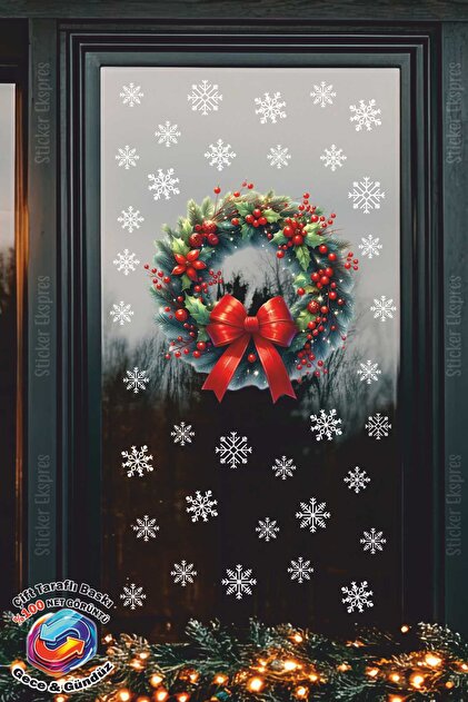 New Year's Wreath with Double-Sided Red Ribbon and Snowflakes Glass Sticker New Year's Ornaments