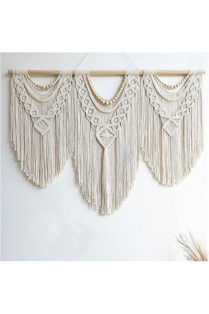 Large Macrame Wall Hanging 43×32 Boho Handmade Woven Tapestry (Wood bead)