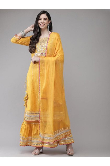 Women Mustard Yellow Embroidered Kurta with Sharara and Dupatta Set