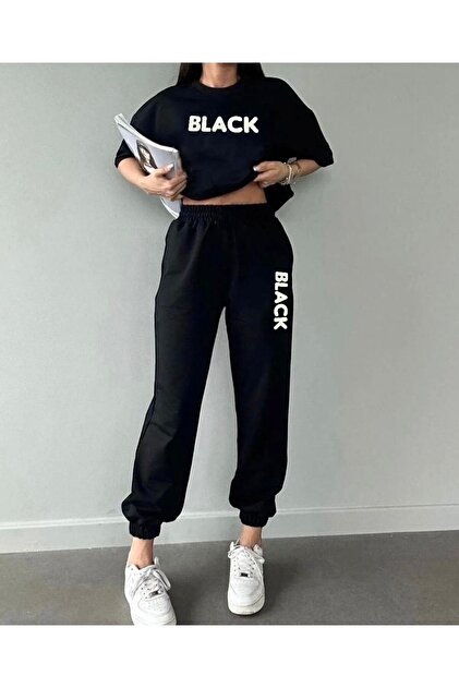 Set trening damă, bluză și pantaloni, cu imprimeu, negru