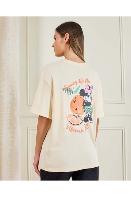 Women Cream Mickey Mouse Graphic Oversized T-shirt