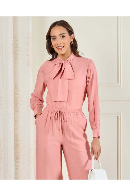 Women Pink Bow Neck Shirt Blouse