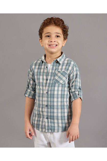 Boys Green Checkered Casual Shirt With Pocket