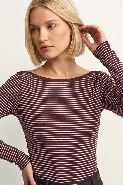 Burgundy Striped Boat Neck Long Sleeve Top 100% Cotton