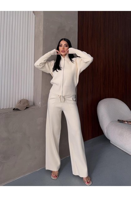 Women's Cream Double Zipper Knitwear Set