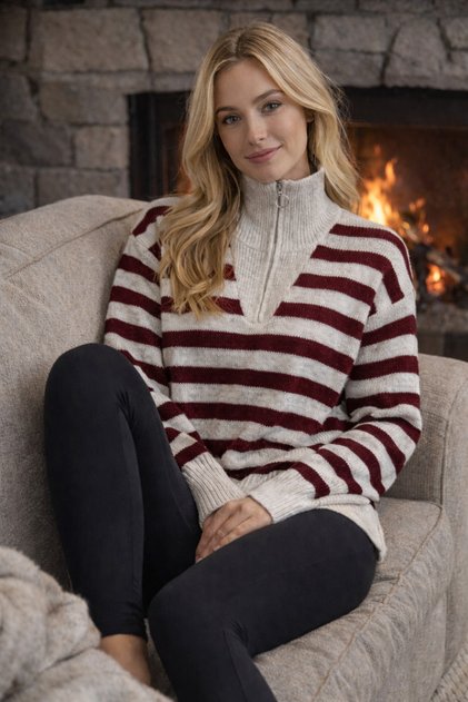 Women's Stand-Up Collar Zip-Up High-Neck Striped Knitwear Sweater