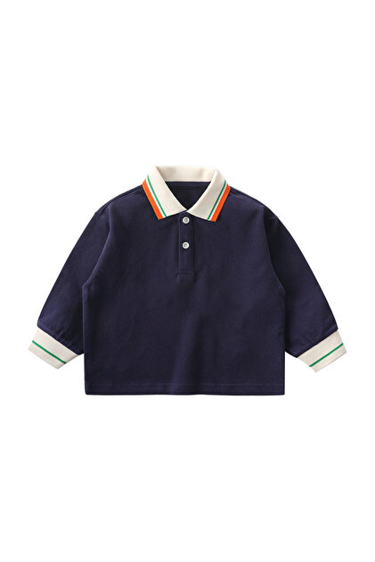 Boys Color-blocked Long Sleeve Polo Shirt, Simple Kids Top Navy Blue 90 (2-3 Years)