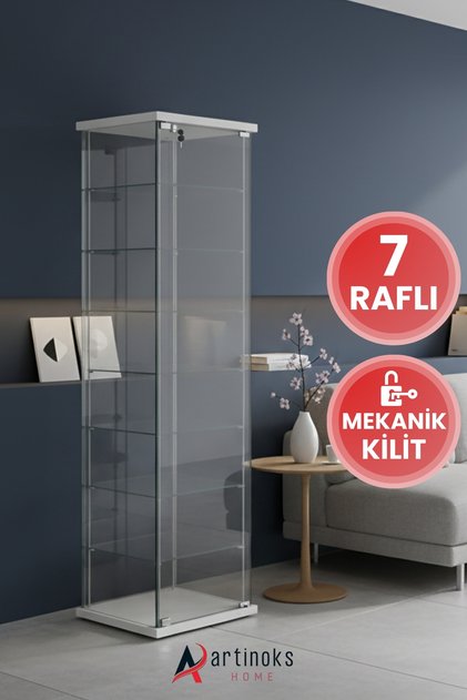 7 Raflı Kilitli Cam Vitrin Dolap Gümüşlük Koleksiyon Sergi Kitaplık Kapaklı Büfe Mutfak Raflı Detolf