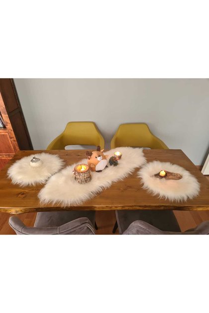Lüks Peluş Runner ve Yuvarlak Supla Seti Dekoratif Masa ve Sehpa Örtüsü Seti 3 Parça Dekoratif Set