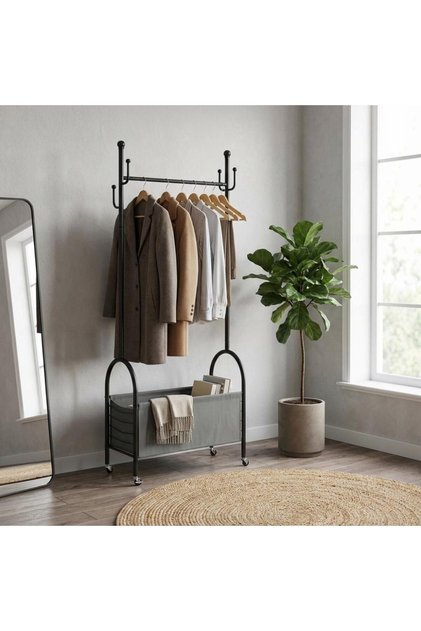 Metal Movable Clothes Rack with Fabric Storage Basket – 60X189 cm