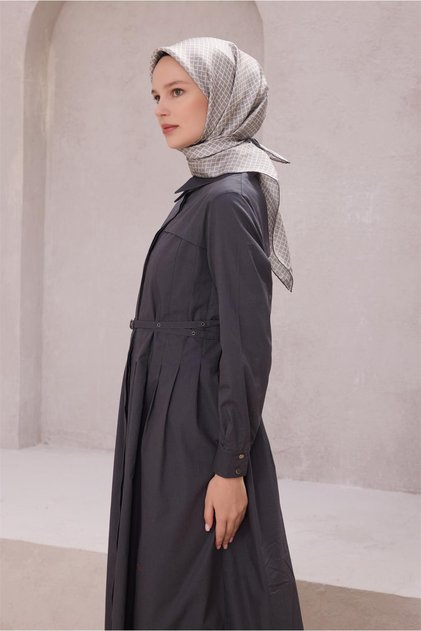 Gri Geometrik Desen %100 Twill İpek Eşarp 4203 - 32