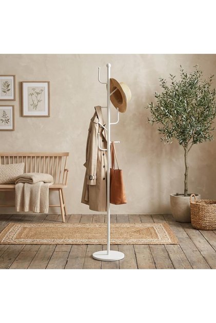 Metal Clothes Rack Standing - Modern Design with Curved Hooks - White