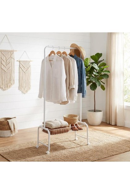 Metal Movable Clothes Rack with Mesh Shelf – 67X41X168 cm – White