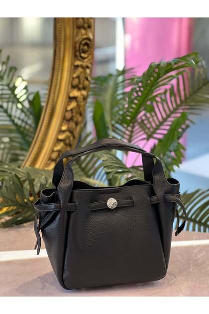 Black Leather Bag with Button Detail