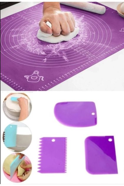 Set of 2 Silicone Dough Rolling Mats with Scale and Set of 3 Dough Scraper Decorators