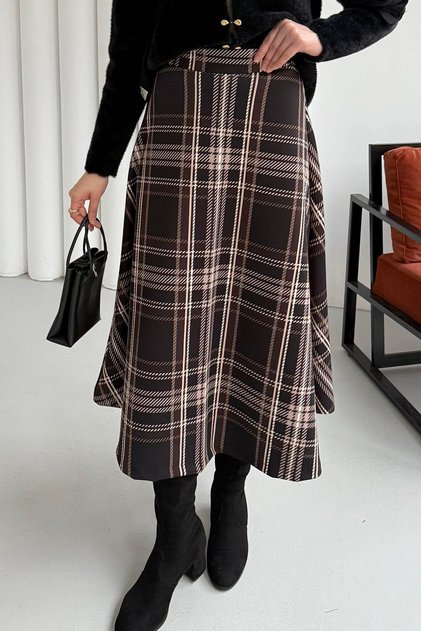 Scuba Fabric Plaid Pattern Skirt 8961 - Black-Beige