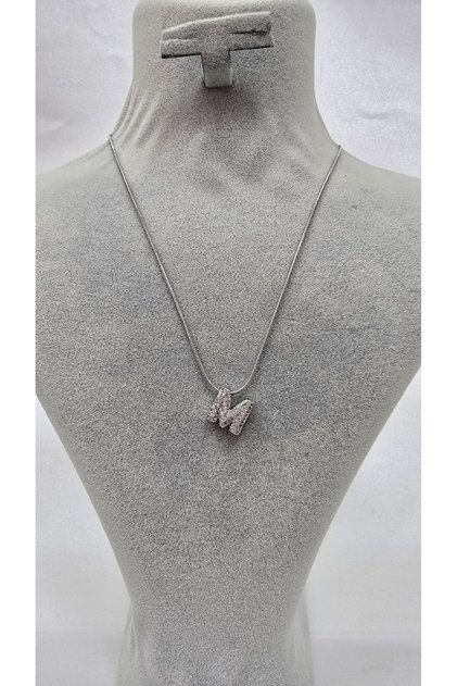 Stainless Steel Silver Color Zircon Stone Small Letter Necklace -E- Letter