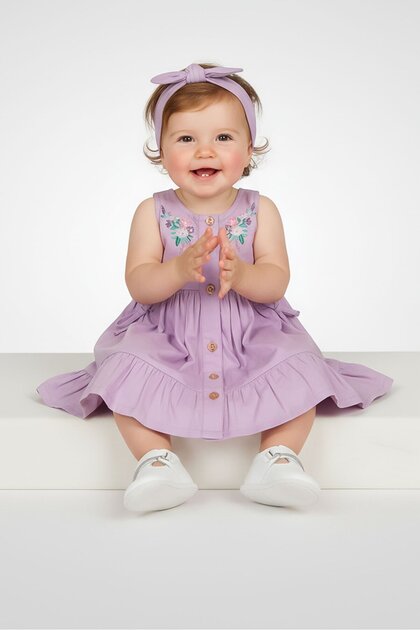 Toddlers Girl 3 Pieces Embroidered Dress With Panty And Headband, Lavender
