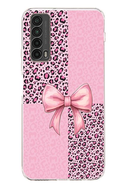 Huawei P Smart 2021 Compatible Pink Leopard Pattern and Ribbon Printed Silicone Case