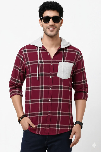 Men’s Maroon Checkered Hooded Casual Shirt – Full Sleeve"