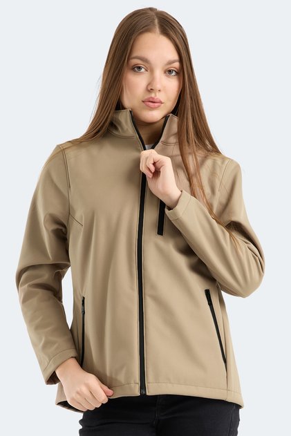 Hip Style Women's Mock Neck Zippered Beige Coat & Jacket
