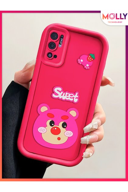 Magenta Edges Thick 3D Embossed Strawberry Bear Silicone Case for Xiaomi Redmi Note 11Se