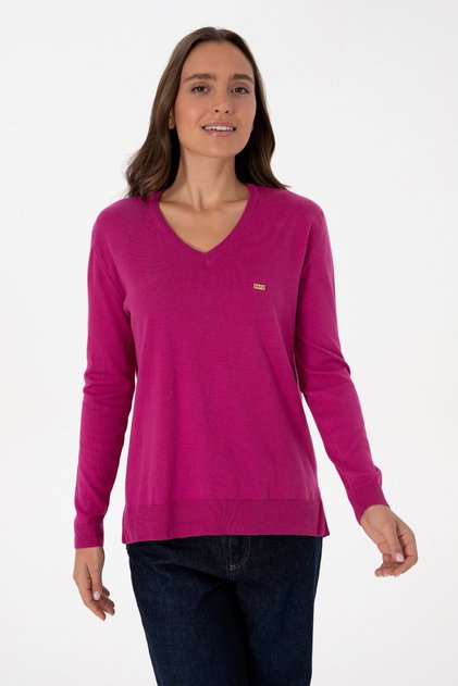 Damen-Basic-Pullover mit V-Ausschnitt in Fuchsia Melange 50313598-VR252