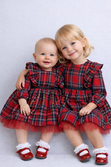 Baby Girl Plaid Tulle Detailed Cotton Lined Long Sleeve Dress (6–24 Months)