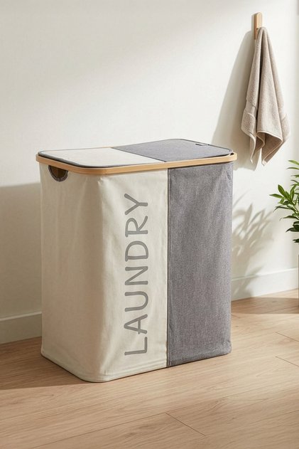 Bambu 2 Bölmeli Kirli Çamaşır Sepeti Banyo Düzenleyici Sepet 53,5X28 cm