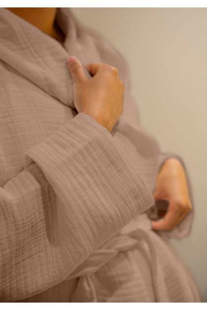 100% Cotton 4 Layer Muslin Unisex Hoodless Bathrobe Dark Beige S/M