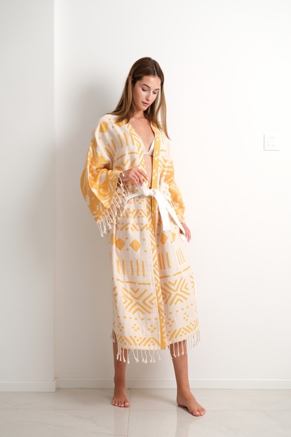 Organic Cotton Woven Design Long Kimono |   Beach Wear