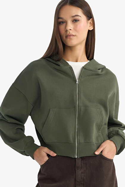Defacto Cropped Fit Kapüşonlu Kalın Fermuarlı Sweatshirt