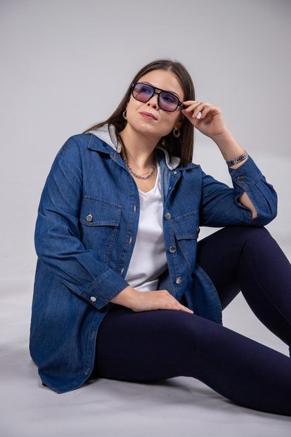 Large Size Hooded Denim Shirt Navy Blue