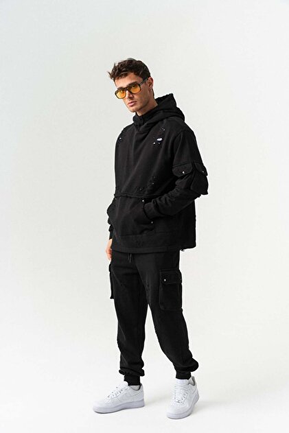 Fugitive Hole Detailed Hooded Sweatshirt Tracksuit Set