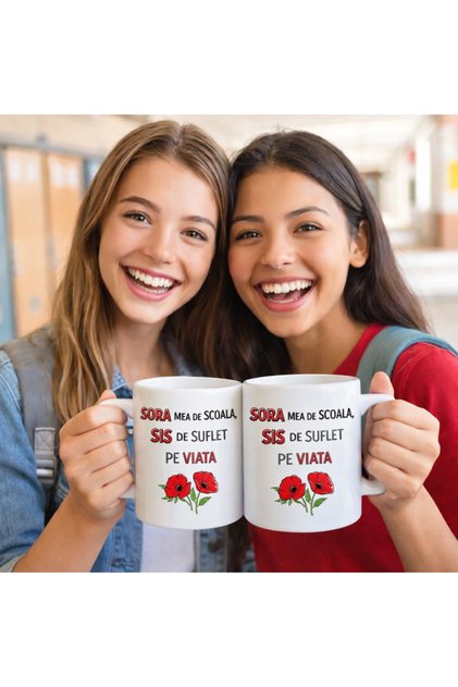 Set 2 cani albe personalizate – „Sora mea de scoala, sis de suflet pe viata”, Tipo-Art