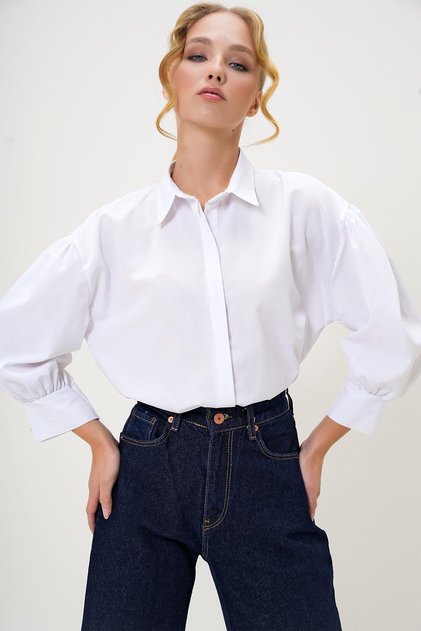 White Balloon Sleeve Hidden Placket Basic Poplin Shirt ALC-X9654