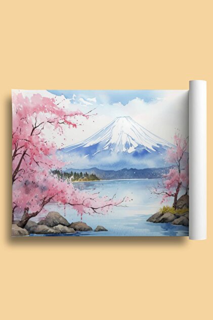 Fuji@Yamaページ Artiqa Suluboya Fuji Dağı ve Sakura Çerçevesiz Poster – Japonya