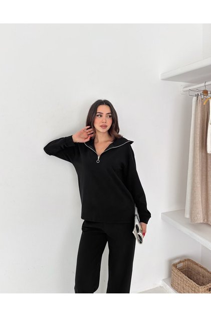 Women's Selani̇k Knitted Fabric Stand-Up Collar Zippered Double Set