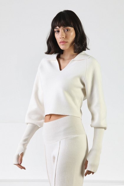 Ecru Long Sleeve Shirt Collar Modern Cut Cashmere Women's Knitwear Sweater