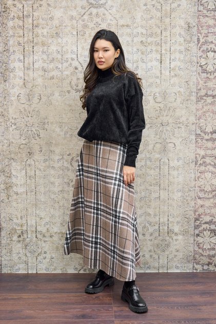 Tan Brown Plaid Cashmere Flared Skirt