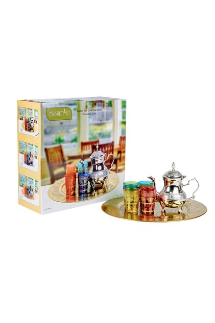 Moroccan Gold Tea Serving Tray Set with Silver Teapot & 6 Multicolor Glasses