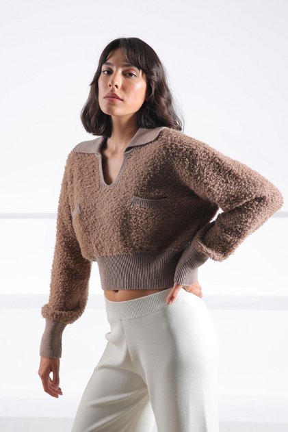 Brown Long Sleeve Polo Neck Wool Boucle Women's Knitwear Sweater