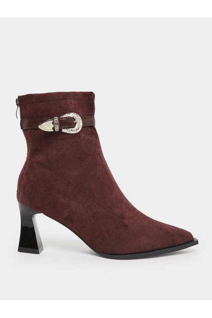Women Burgundy Suede Buckle Detail Ankle Boots