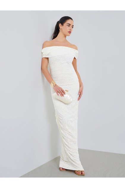 Women Cream Lace Off-Shoulder Maxi Dress