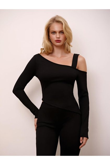 Black Asymmetrical Collar Long Sleeve Double Layer Cotton Stretch Fabric Blouse